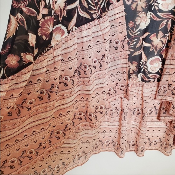 All Worthy Boho Kimono Ruffle Hem Festival Black Dusty Rose White Floral XS - Picture 4 of 8